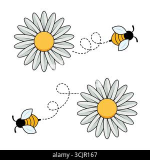 Illustration abeilles et Marguerites. Deux abeilles volant de manière ludique autour de marguerites avec des chemins de vol pointillés. Marguerites avec pétales blancs et centres jaunes. Illustration de Vecteur