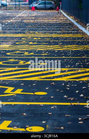 Des places de parking fraîchement peintes pour les personnes handicapées à Belgrade, Serbie, marquées de symboles jaune vif sur de l'asphalte foncé, parsemées de feuilles d'automne Banque D'Images