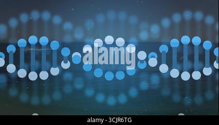 Motif d'hélice d'ADN numérique brillant flottant sur la surface de l'eau sarcelle, avec des particules de lumière ambiante Banque D'Images
