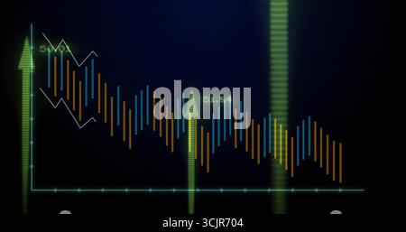 Affichage graphique financier sur tableau de bord numérique sombre, quadrillage, barres, ligne, flèches néon 50% 51 Banque D'Images
