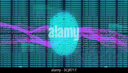 Affichage de l'interface de superposition de l'icône d'empreinte digitale cyan, avec données numériques et lettrage DE DONNÉES rose Banque D'Images