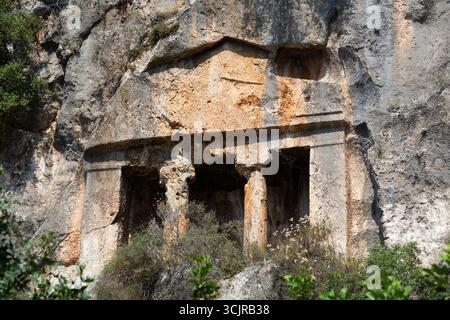 Tombes rupestres d'Amyntas des anciens Telmessos, 522-486 av. J.-C., Fethiye, province de Mugla, Turquie Banque D'Images