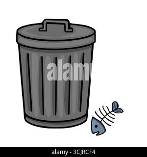 Illustration vectorielle d'une poubelle grise de style dessin animé avec un squelette de poisson à côté, suggérant un concept humoristique d'élimination des déchets. Illustration de Vecteur
