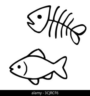Une illustration vectorielle fantaisiste représentant un poisson entier stylisé et son squelette, rendu en lignes noires audacieuses sur un fond blanc propre, Perfe Illustration de Vecteur