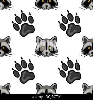 Motif vectoriel sans couture avec des visages de raton laveur ludiques et des impressions de pattes, un design charmant en niveaux de gris avec des yeux jaunes vibrants, parfait pour les enfants appa Illustration de Vecteur