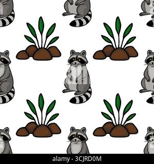 Adorable motif vectoriel sans couture avec des ratons laveurs de dessin animé ludiques assis au milieu de plantes vertes simples et de roches brunes sur un fond blanc Illustration de Vecteur