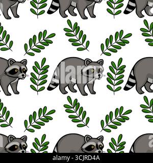 Modèle vectoriel sans couture avec des ratons laveurs de bande dessinée adorables et des feuilles vertes stylisées sur un fond blanc, parfait pour les impressions textiles ou la conception d'enfants Illustration de Vecteur