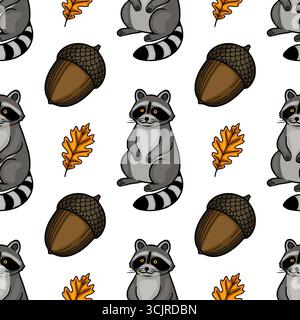 Adorable motif vectoriel sans couture avec des ratons laveurs de dessin animé, des Acorns et des feuilles de chêne d'automne sur un fond blanc Illustration de Vecteur