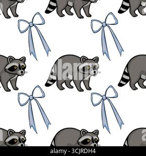 Motif vectoriel sans couture avec ratons laveurs ludiques et arcs bleu clair sur un fond blanc, créant un design charmant et fantaisiste. Illustration de Vecteur