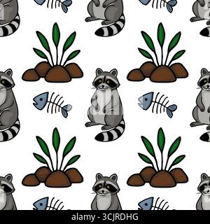 Modèle vectoriel sans couture avec des ratons laveurs de bande dessinée adorables, des squelettes de poissons et des plantes stylisées sur un fond blanc, créant un jeu et charmin Illustration de Vecteur