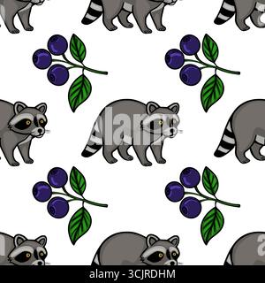 Motif vectoriel sans couture avec des ratons laveurs adorables et des myrtilles juteuses, créant un design boisé charmant et ludique parfait pour diverses applica Illustration de Vecteur