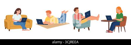 Hommes et femmes sur les ordinateurs portables. Travailler à domicile. Fond blanc isolé. Illustration vectorielle dans un style plat. Illustration de Vecteur
