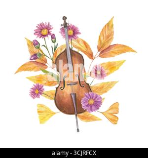 Aquarelle contrebasse marron parmi les fleurs d'automne et l'illustration de feuilles orange sur fond isolé. Instrument de musique classique de contrebasse arqué Banque D'Images