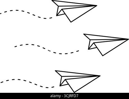 Trio minimaliste d'avions en papier avec traînées de vagues en pointillés. Vecteur de ligne noire sur fond blanc Illustration de Vecteur