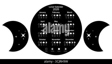 Calendrier lunaire 2026 et phases lunaires. Calendrier et cycles des phases lunaires, conception de modèle d'affiche imprimable, vecteur de style triple déesse wiccan isolé Illustration de Vecteur