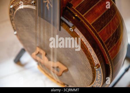 Gros plan d'un banjo traditionnel en bois avec des cordes et un artisanat détaillé, mettant en évidence la texture et le design de l'instrument de musique. Banque D'Images