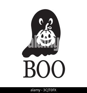 Une illustration effrayante d'Halloween d'un fantôme avec un visage de citrouille sculpté et le mot "BOO" en dessous. Ce design noir et blanc capture le jeu Illustration de Vecteur