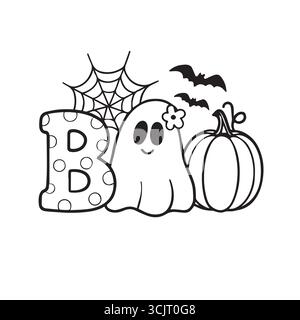 Jolie illustration d’Halloween avec le mot « BOO » avec un fantôme joyeux, une citrouille, une toile d’araignée et des chauves-souris volantes. Illustration de Vecteur