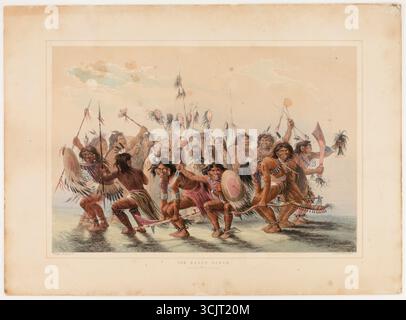 Lithographie de George Catlin intitulée The Scalp Dance, représentant une danse de guerre cérémonielle par des guerriers indigènes des Plaines. Les figures sont représentées dans des poses dynamiques, tenant des boucliers, des lances et des armes décorées, avec des femmes et des danseurs supplémentaires en arrière-plan. L'imprimé coloré à la main met l'accent sur les traditions culturelles documentées par Catlin lors de ses voyages parmi les tribus amérindiennes dans les années 1830 Banque D'Images