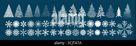 Ensemble d'éléments de silhouette de Noël. Arbres de Noël et flocons de neige dessin à la main. Pas IA. Illustration vectorielle Illustration de Vecteur