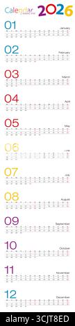 Calendrier de l'année 2026, ligne de 2 semaines pour la conception différente. Calendrier vectoriel. Illustration de Vecteur