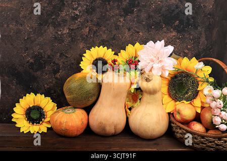 Happy Thanksgiving concept, fond d'automne avec des citrouilles saisonnières, des melons, des pommes et des fleurs sur un vieux fond en bois, espace de copie, fo sélectif Banque D'Images