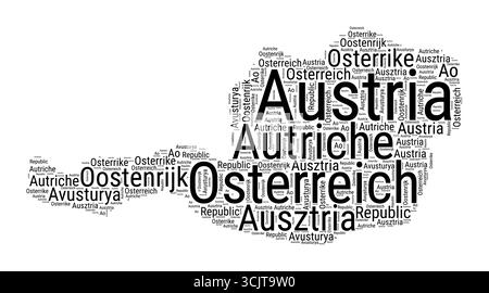 Nuage de mots noir et blanc en forme d'Autriche. Illustration de pays de style typographique simple. Nuage de texte noir d'Autriche simple sur fond blanc. Illustration de Vecteur