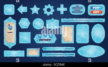 iu de jeu de glace. Blocs de menu d'eau gelée, boutons d'hiver barres de chargement bannière glacée plaque de panneau d'affichage mobile gui flèche bleue icônes d'interface éléments CA Illustration de Vecteur