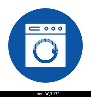 Cette icône présente un design minimaliste de lave-linge à l'intérieur d'un cercle bleu, parfait pour représenter les services de blanchisserie, les tâches de nettoyage ou le ménage A. Illustration de Vecteur