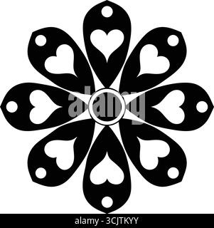 Motif de fleurs symétriques noir et blanc avec pétales en forme de cœur – élégant ornement géométrique pour l'art mural, le design de tatouage, le pochoir et la décoration Illustration de Vecteur