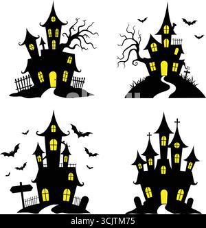 Maisons hantées effrayantes avec chauves-souris et lueur jaune pour le décor d'Halloween Illustration de Vecteur