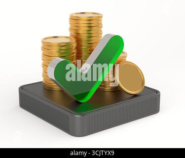 Pièces d'or et coche sur fond blanc. Illustration 3D isolée Banque D'Images