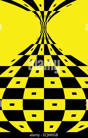 Damier abstrait noir et jaune avec effet d'illusion optique fisheye. Fond de motif géométrique déformé vibrant, parfait pour la conception numérique A. Illustration de Vecteur
