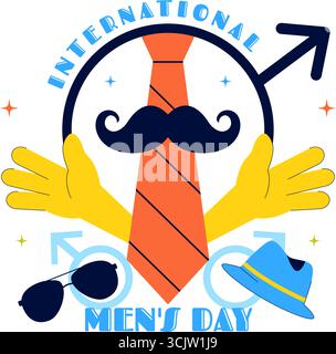 Illustration vectorielle de la Journée internationale de l'homme le 19 novembre présentant des accessoires pour homme tels que des cravates, des moustaches et des symboles masculins sur un fond plat Illustration de Vecteur