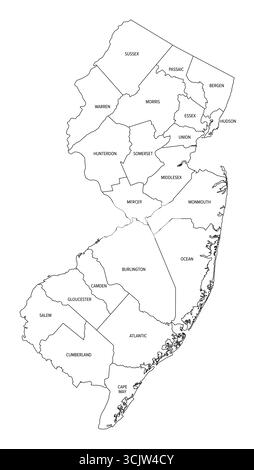 État du New Jersey, subdivisé en 21 comtés, carte. État dans la région du centre-Atlantique et du nord-est des États-Unis. Banque D'Images