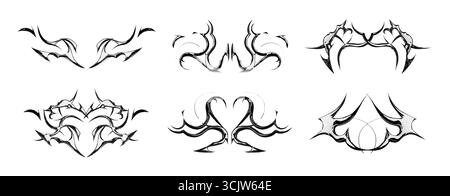 Collection tribal y2k de tatouage en métal avec des motifs gothiques symétriques pour un style alternatif et un corps adaptés Ornements de flamme noire avec bords tranchants et esthétique métalcore. Éléments décoratifs vectoriels Illustration de Vecteur