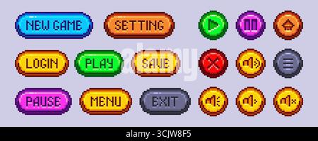 Collection de boutons de jeu de pixels avec des étiquettes de texte colorées et des icônes rondes pour la conception d'interface rétro. Éléments lumineux dans un style de jeu vidéo 8 bits. Ressources d'interface utilisateur d'arcade de contrôleur classique pour les projets numériques. Illustration de Vecteur
