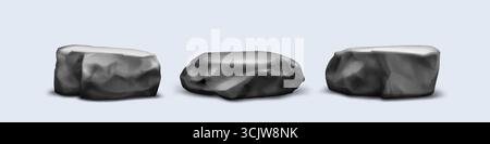 Plates-formes rocheuses podium en pierre grise avec des surfaces sculptées rugueuses et des bords angulaires isolés sur fond pour l'affichage. Socle naturel avec différentes formes et textures réalistes pour la présentation du produit Illustration de Vecteur