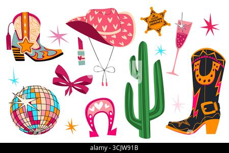 Éléments de cowgirl disco avec boule miroir, fer à cheval et chapeau, bottes et étoile shérif, chaussure occidentale décorative pour la fête. Accessoires occidentaux avec des noeuds roses, verre à cocktail et rodéo rétro, icônes du pays Illustration de Vecteur