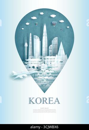 Voyagez en corée du Sud monument de l'architecture PIN en Asie avec le bâtiment ancien et moderne de la ville. Affiche de voyage et carte postale pour les affaires. Visitez les sites touristiques de Illustration de Vecteur