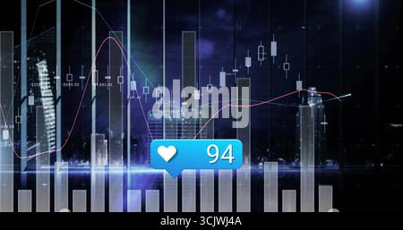 Affichage de graphiques à barres au-dessus du front de mer la nuit, avec des marqueurs de chandelier et notification cardiaque Banque D'Images