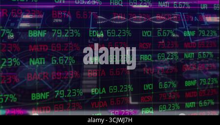 Affichage des données de flux de superposition de stock dans le bureau de trading, avec des symboles colorés, des pourcentages Banque D'Images