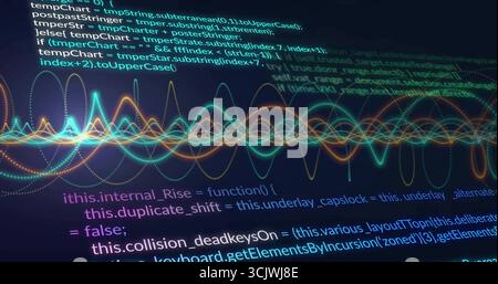 Éditeur de code affichant les fonctions JavaScript sur écran sombre, avec superposition de forme d'onde néon Banque D'Images