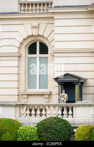 Soldat monte la garde devant le Palais Royal de Bruxelles, palais officiel du Roi et de la Reine des Belges dans le centre de Bruxelles, Belgique Banque D'Images