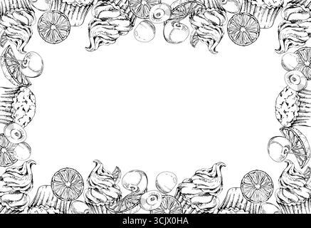 Cupcakes et muffins couronnés de tranches d'orange confites, de cerises et de tourbillons de crème fouettée. Illustration isolée dessinée à la main dans l'encre vectorielle. Boulangerie Illustration de Vecteur