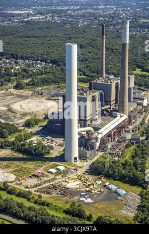Vue aérienne, centrale électrique de Voerde sur le Rhin, trois cheminées, centrale à charbon déclassée, déchets et vestiges de la tour de refroidissement, Moe Banque D'Images