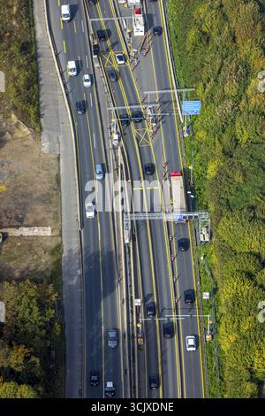 Vue aérienne, grand chantier sortie autoroute Herne, chantier avec contrôle du trafic, embouteillage sur autoroute 43 vers A42, Herne-Mitte, Banque D'Images