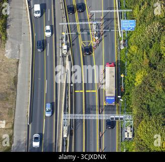 Vue aérienne, grand chantier sortie autoroute Herne, chantier avec contrôle du trafic, embouteillage sur autoroute 43 vers A42, Herne-Mitte, Banque D'Images