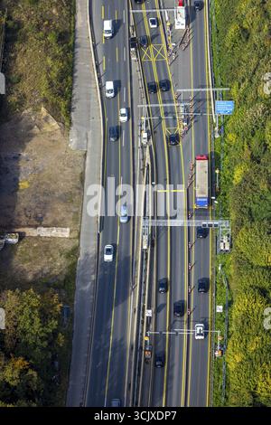 Vue aérienne, grand chantier sortie autoroute Herne, chantier avec contrôle du trafic, embouteillage sur autoroute 43 vers A42, Herne-Mitte, Banque D'Images