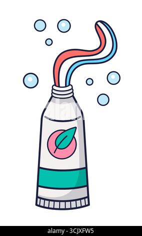 Tube de dentifrice avec la pâte pressée et des bulles. Illustration de dentifrice isolé sur un fond blanc. Concept d'hygiène buccale. Cosmétique de nettoyage dentaire. Vecteur Illustration de Vecteur